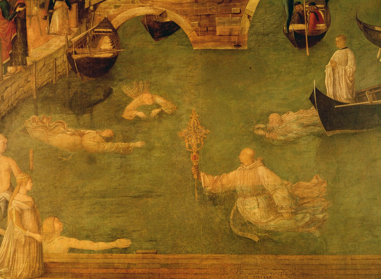 Mirakel av korset vid bron av S. Lorenzo, detalj av munkar som simmar, 1500 tempera på duk av Gentile Bellini