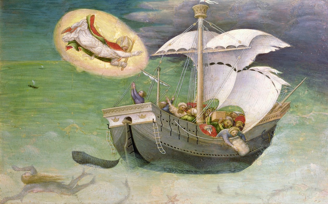 St. Nicholas Saves a Ship from Wreckage, predella panel från Quaratesi Altarpiece, 1425 (tempera på panel) av Gentile da Fabriano