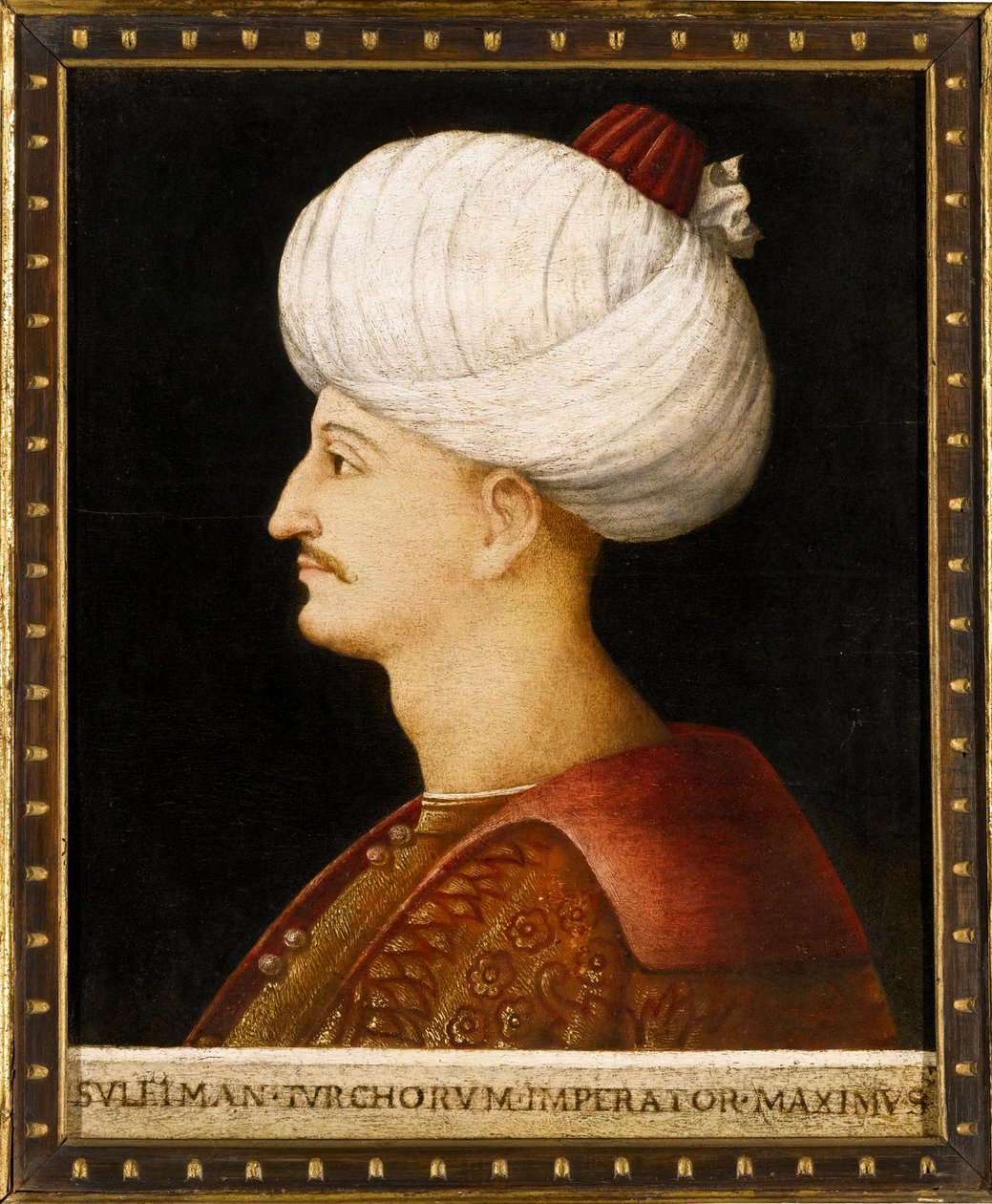 Porträtt av Suleiman (Suleyman) I den magnifika (1494-1566), ottomansk sultan"" Anonym målning - Sultan Suleiman I den magnifika av Bellini, hedning av Gentile (school of) Bellini