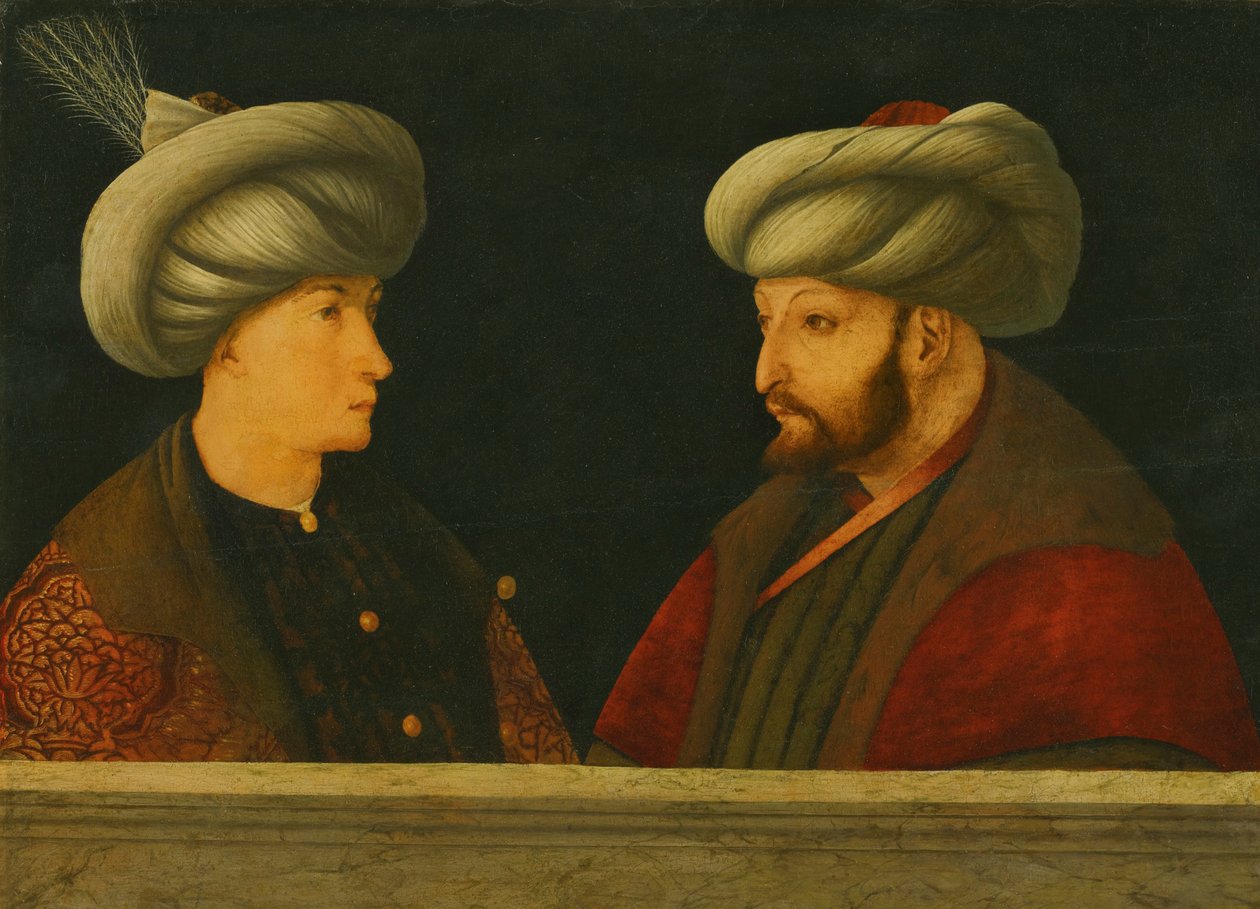 Porträtt av Sultan Mehmed II (1432-81) med en ung dignitär (olja på trä) av Gentile (school of) Bellini