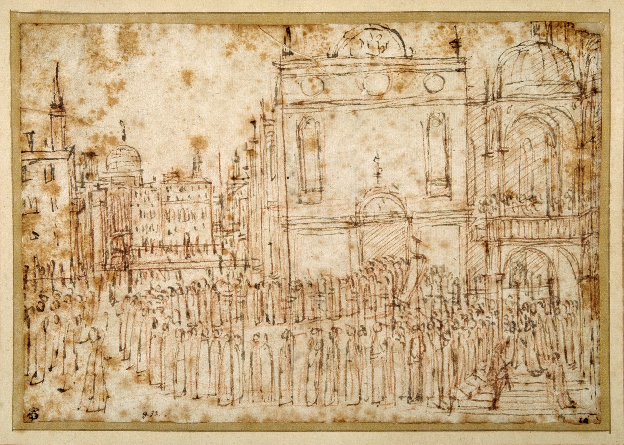 En venetiansk procession som rör sig från en scuola till en flankerande kyrka (penna och bläck över krita på papper) av Gentile Bellini