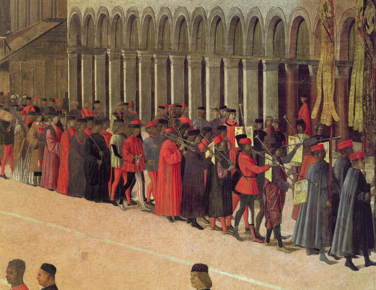 Procession på Markusplatsen, detalj av musiker, 1496 olja på duk detalj av 59423 av Gentile Bellini