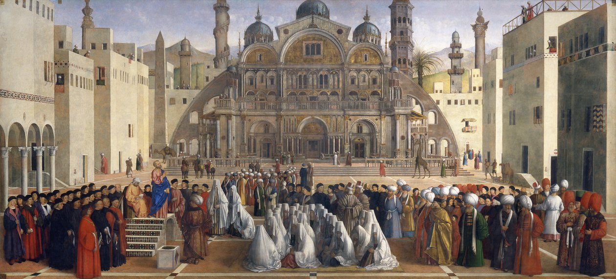 Markus predikar i Alexandria, Egypten av Gentile and Giovanni Bellini