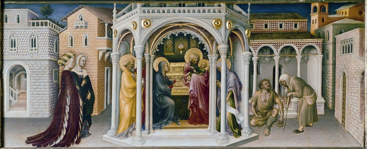 Altartavla av tillbedjan av Magi: detalj av presentationen vid templet - predelle (olja på panel av Gentile da Fabriano