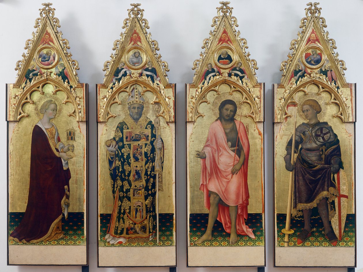Fyra helgon av Quaratesi Polyptych, Saint Mary Magdalene, Saint Nicholas of Bari, Saint John the Baptist och Saint George av Gentile da Fabriano