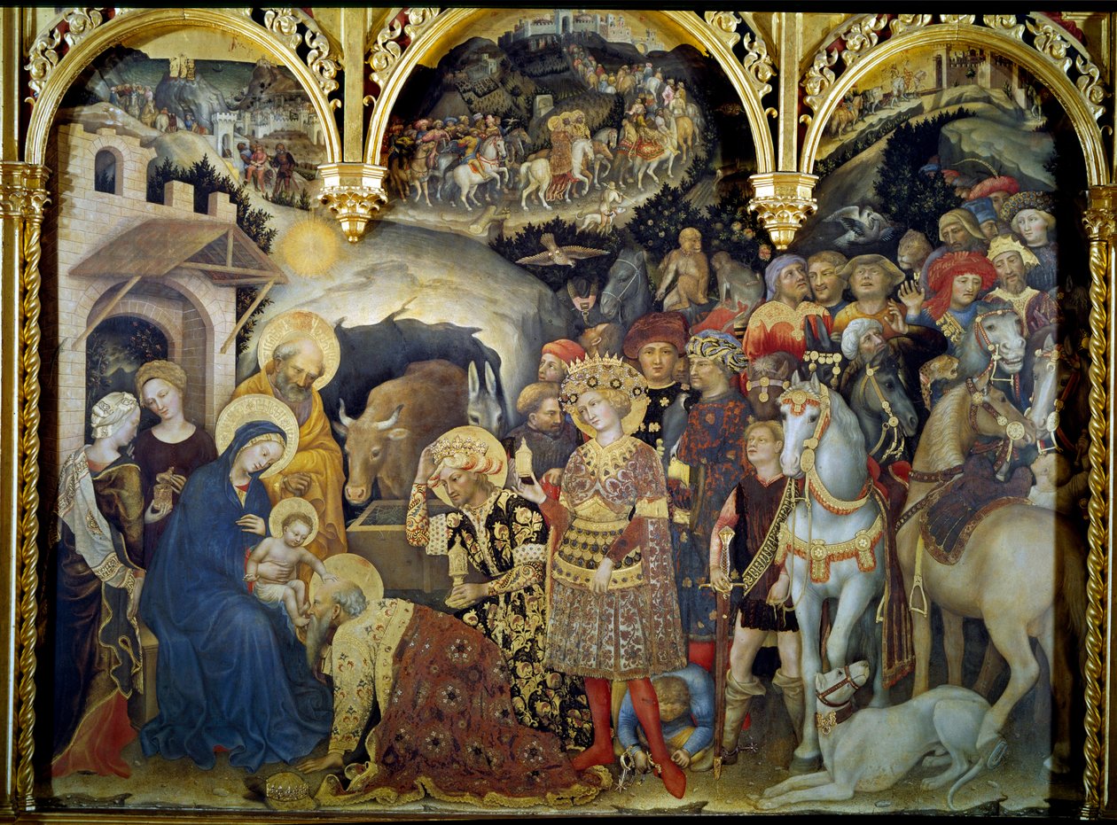 Tillbedjan av Detrempe Magi på trä av Gentile da Fabriano (1370-1427) 1423. Sön. 3x2,8 m Florens, Uffizierna. av Gentile da Fabriano