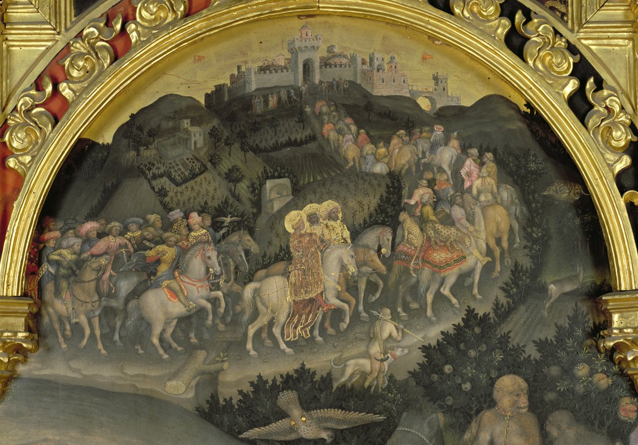 The Adoration of the Magi detalj av resan till Jerusalem, 1423 tempera på paneldetalj av 29414 av Gentile da Fabriano
