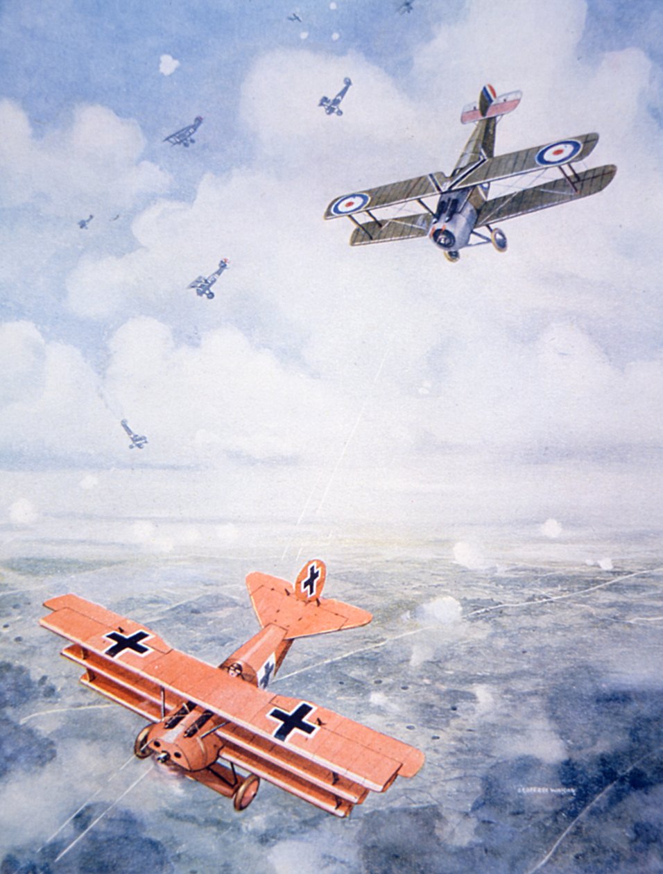 Kapten Baron von Richthofens sista flygning, ca 1920 (färg litho) av Geoffrey (after) Watson