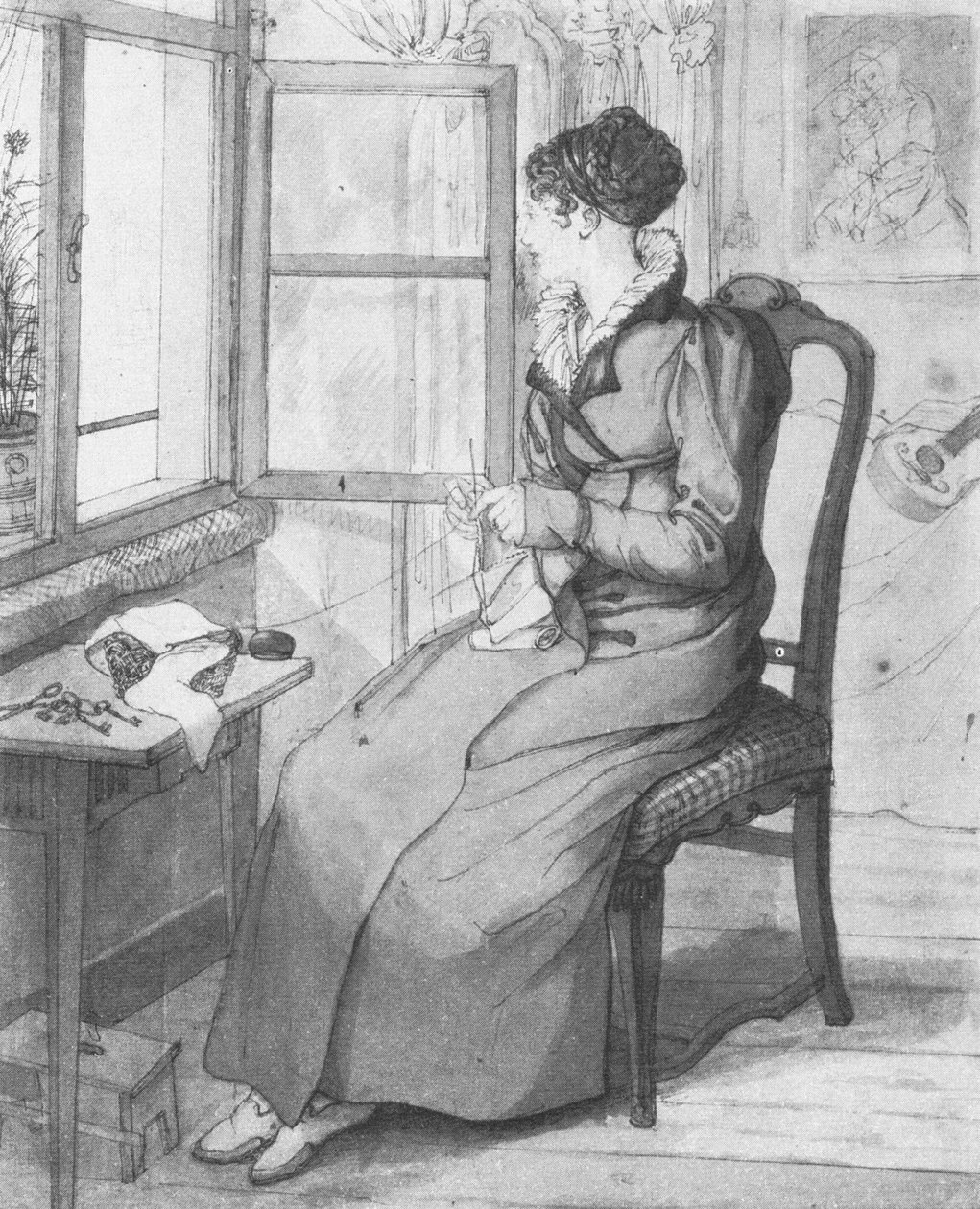 Strickende Frau am Fenster av Georg Friedrich Kersting