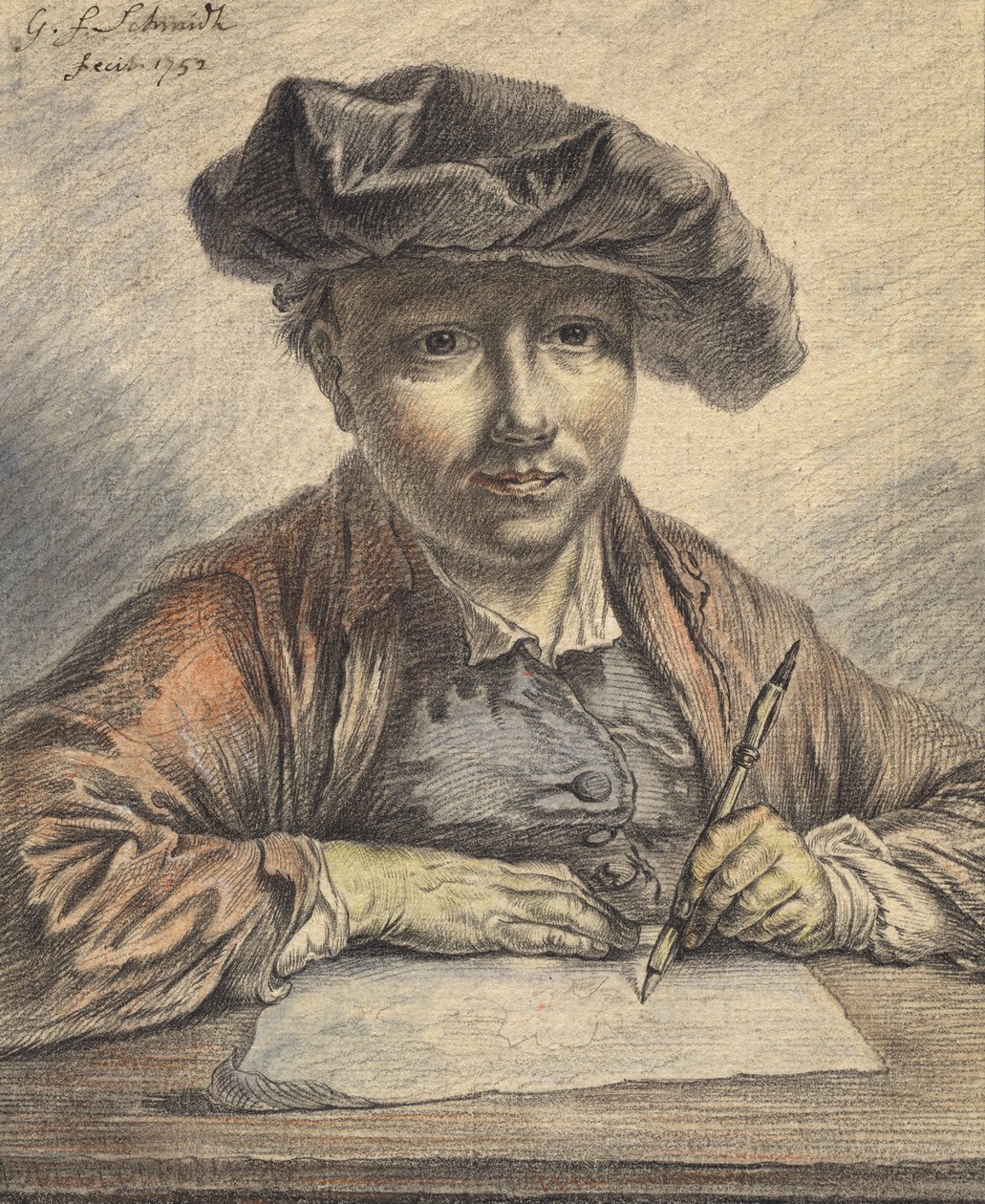 Self-Portrait Sketching, 1752 (svart och röd krita med akvarell, pastell, penna och svart bläck) av Georg Friedrich Schmidt