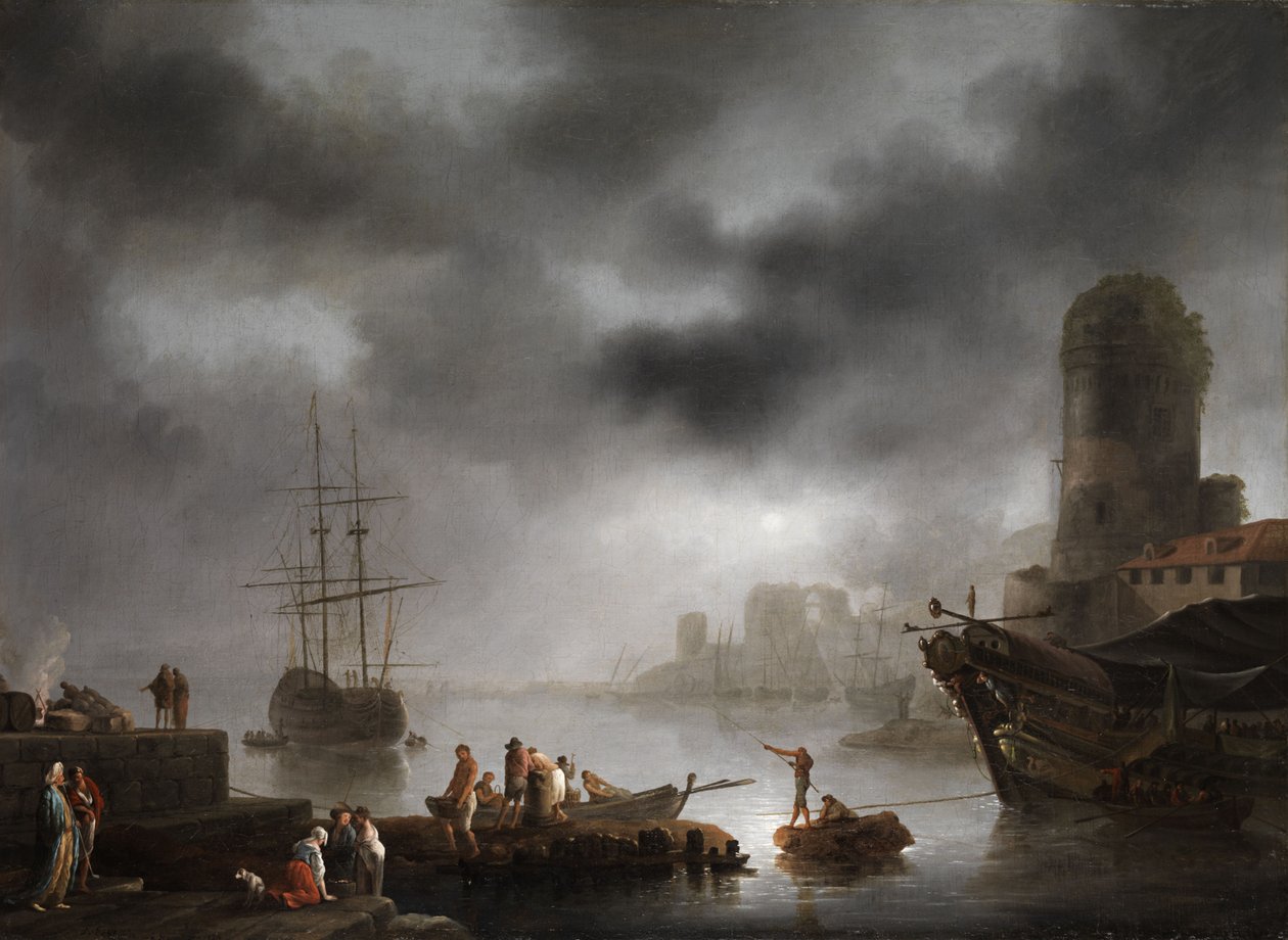 Hamnlandskap vid månsken av Georg Ludwig Eckhardt