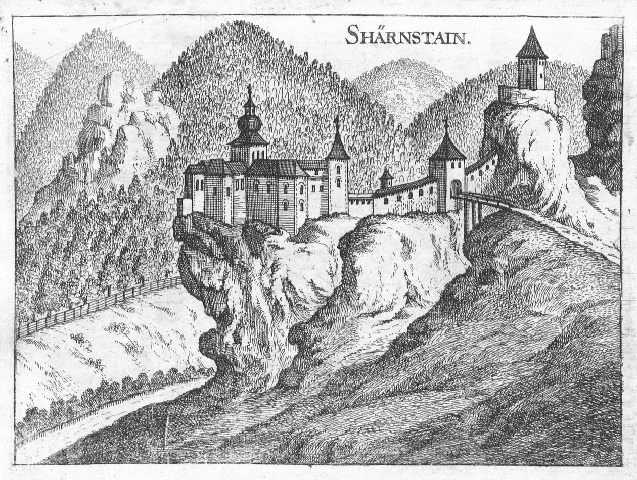 Gravering, utsikt över Scharnstein slott, Övre Österrike av Georg Matthaus Vischer
