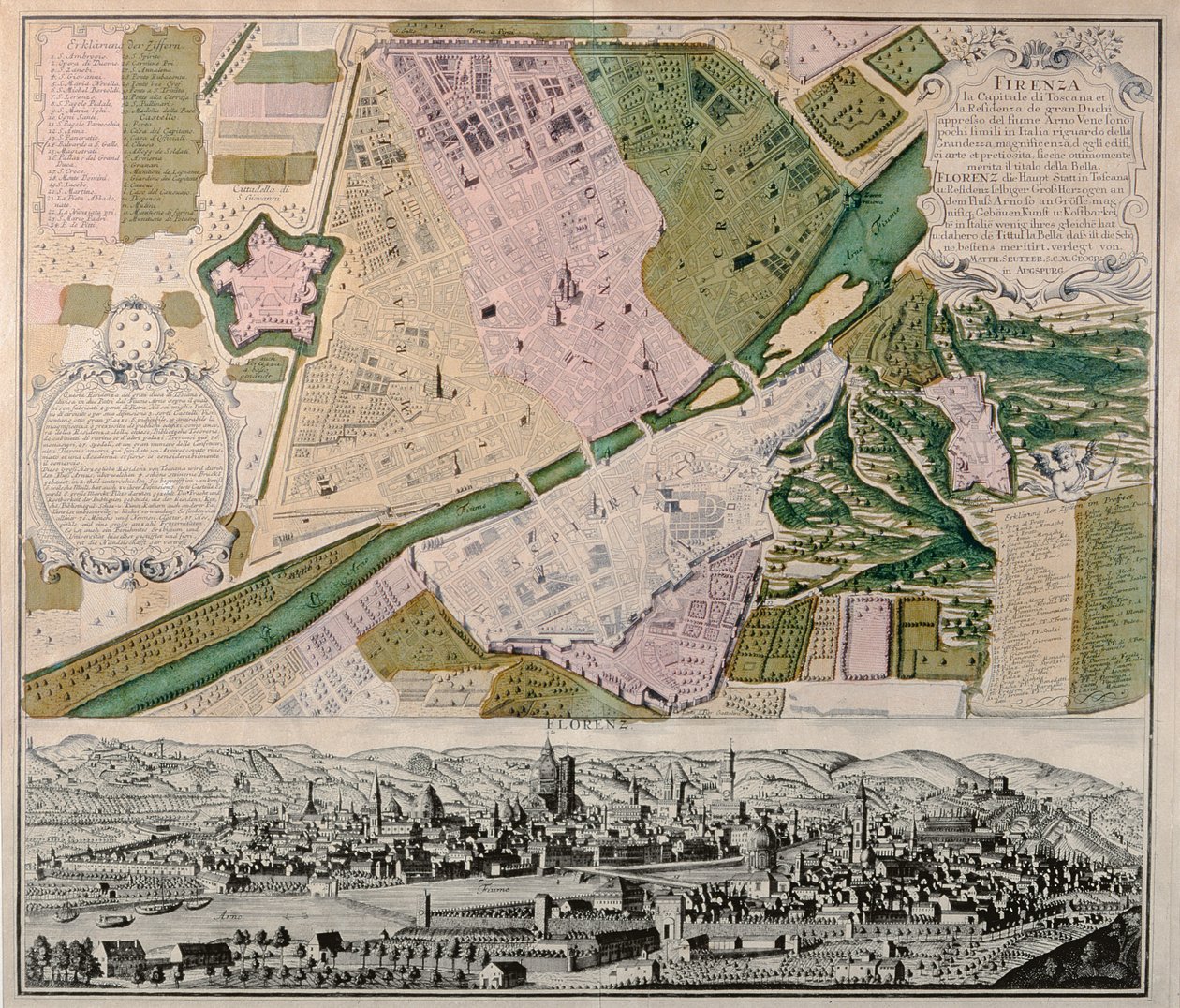 Karta över Florens med perspektivisk vy, 1750 av Georg Matthäus Seutter