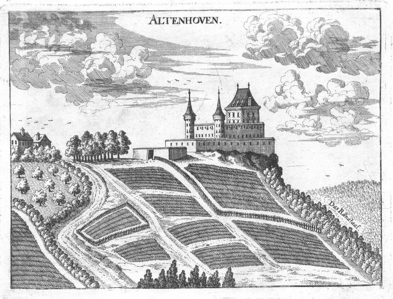 Gravering, utsikt över Altenhof slott, Övre Österrike av Georg Matthaus Vischer