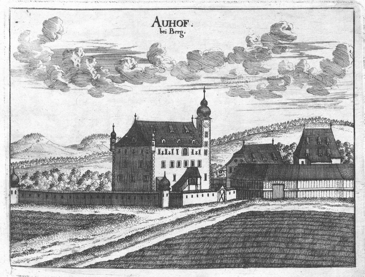 Engraving, view of Auhof castle, Upper Austria av Georg Matthaus Vischer