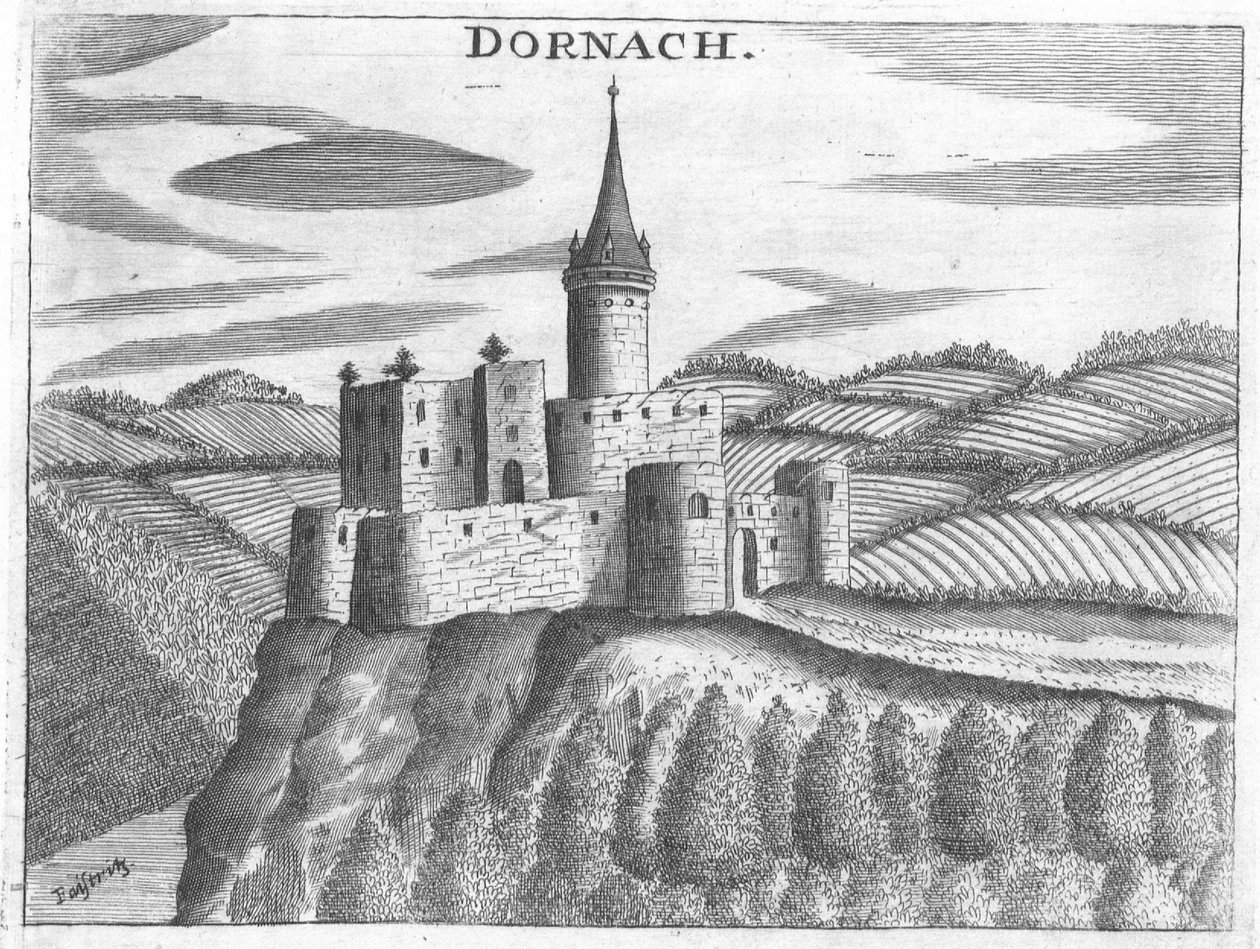 Engraving, view of Dornach castle, Upper Austria av Georg Matthaus Vischer