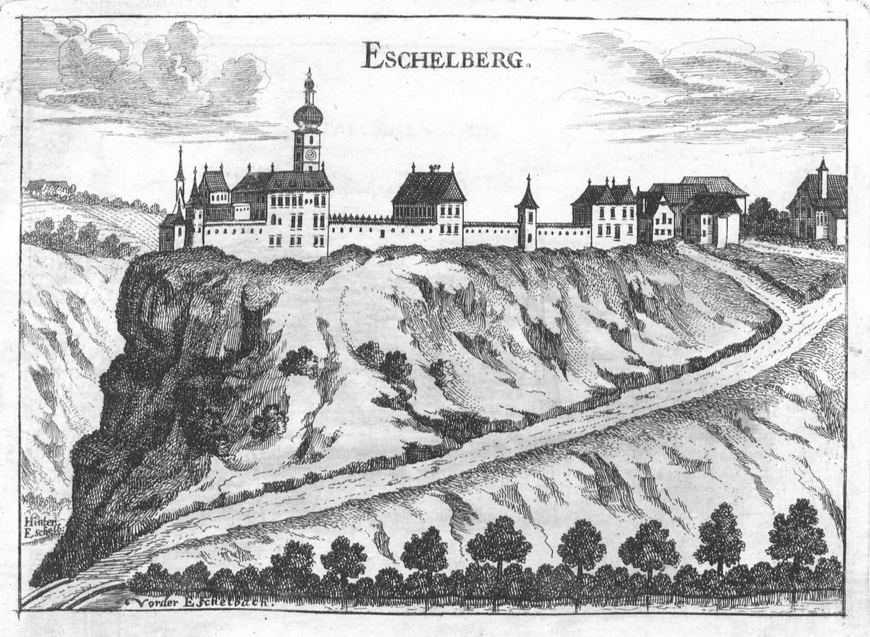 Engraving, view of Eschelberg castle av Georg Matthäus  Vischer