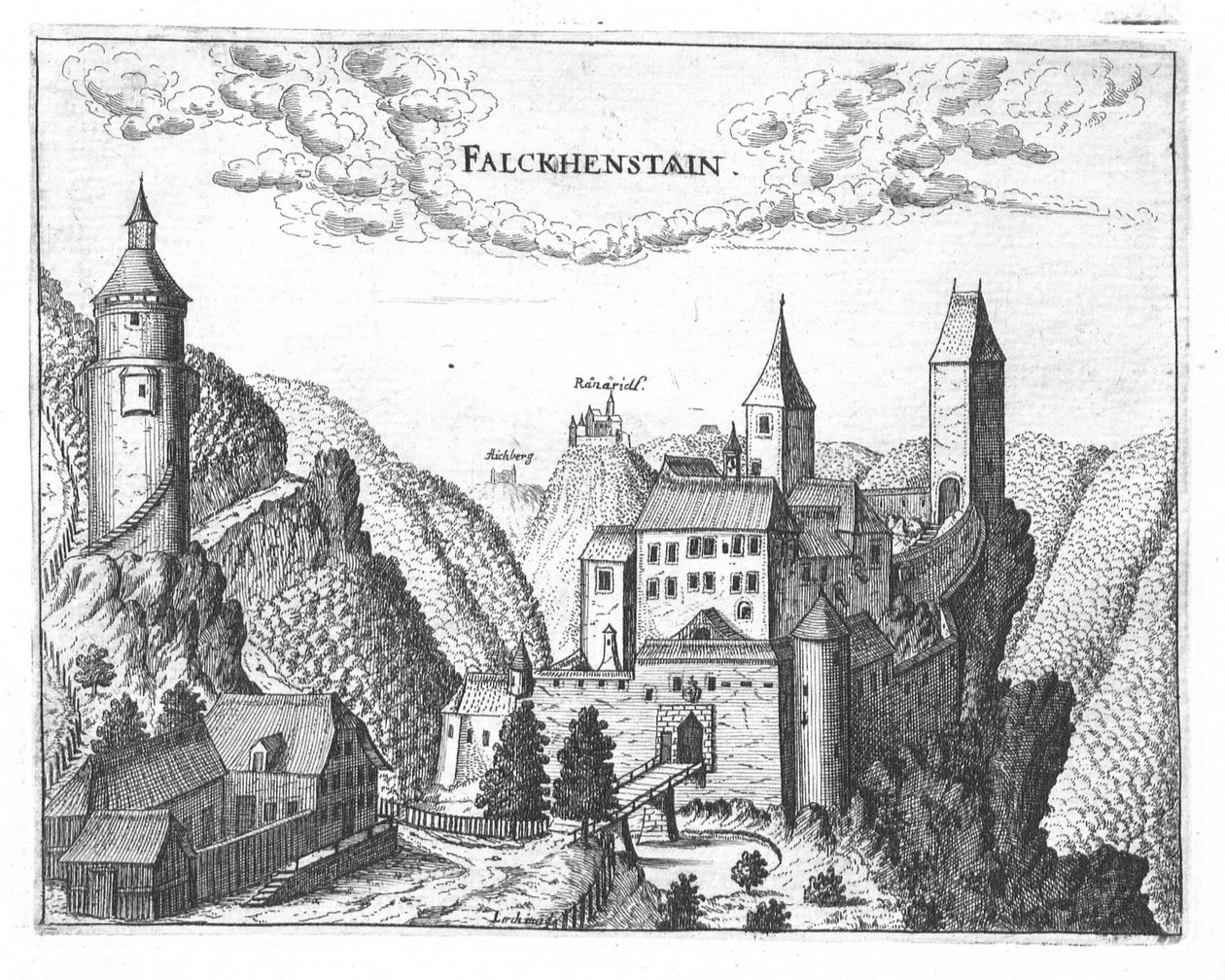 Gravering, utsikt över Falkenstein slott, Övre Österrike av Georg Matthaus Vischer