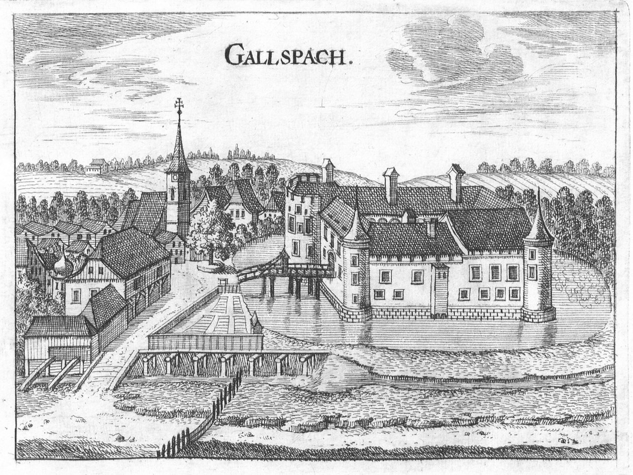 Engraving, view of Gallspach castle, Upper Austria av Georg Matthaus Vischer