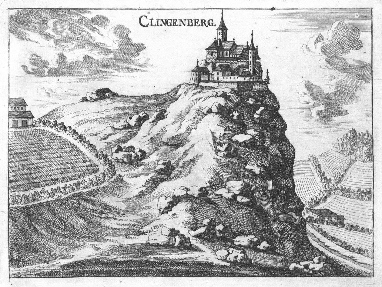 Engraving, view of Klingenberg castle, Upper Austria av Georg Matthaus Vischer