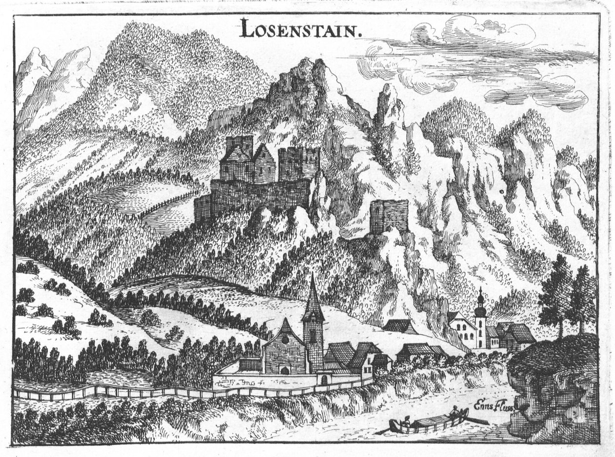 Engraving, view of Losenstein castle, Upper Austria av Georg Matthaus Vischer