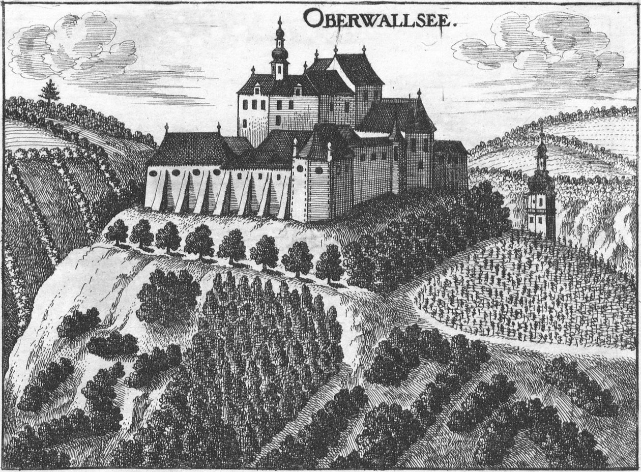 Engraving, view of Oberwallsee castle, Upper Austria av Georg Matthäus  Vischer