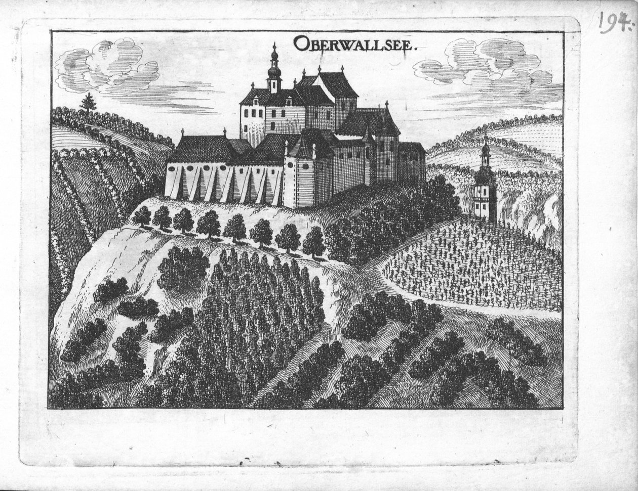 Gravering, utsikt över Oberwallsee -slottet, Övre Österrike av Georg Matthaus Vischer