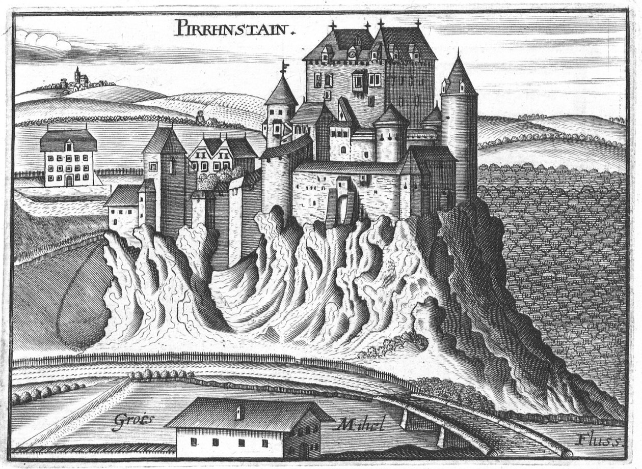 Engraving, view of Pürnstein castle, Upper Austria av Georg Matthaus Vischer