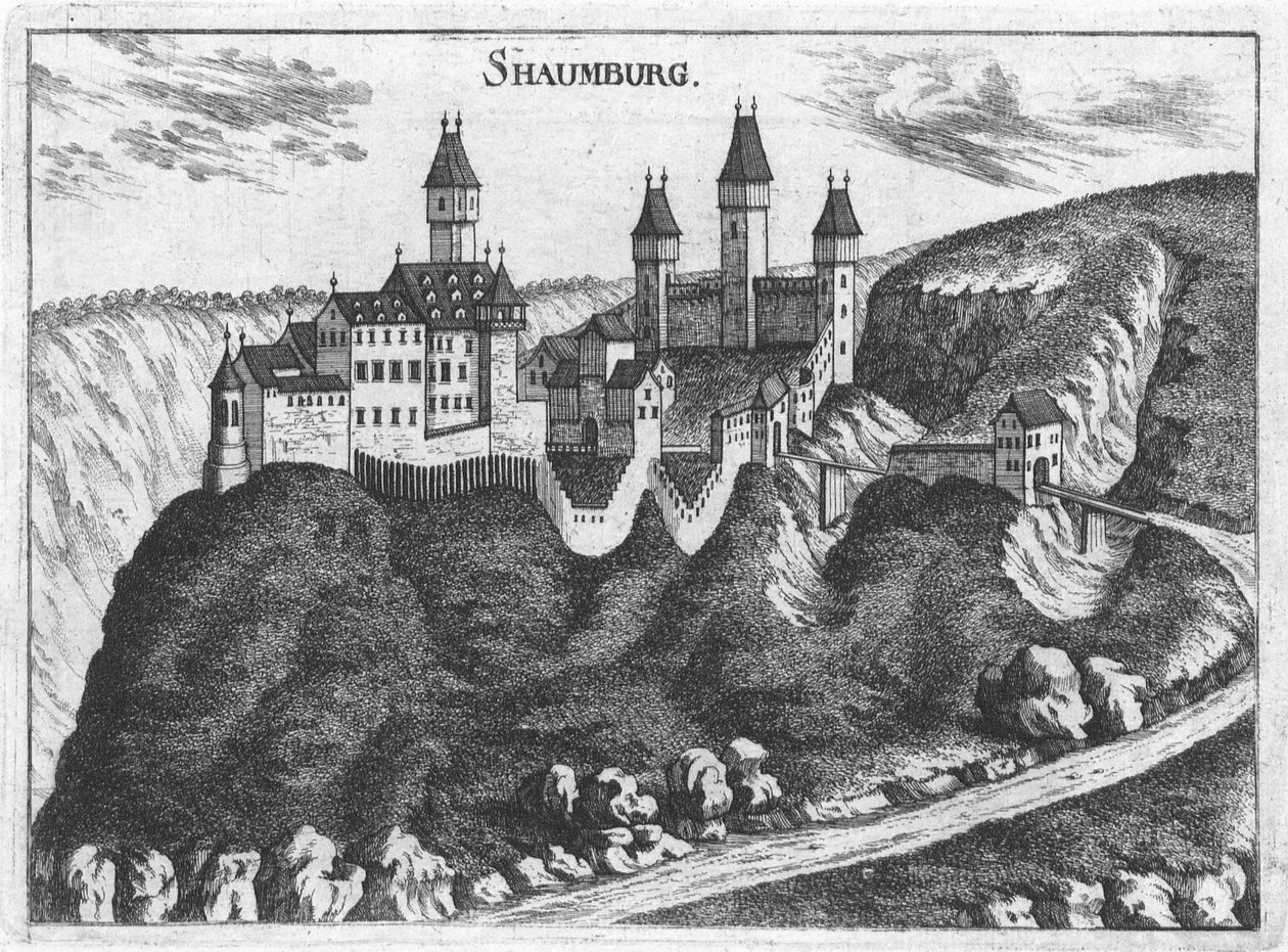 Engraving, view of Schaunburg castle, Upper Austria av Georg Matthäus  Vischer