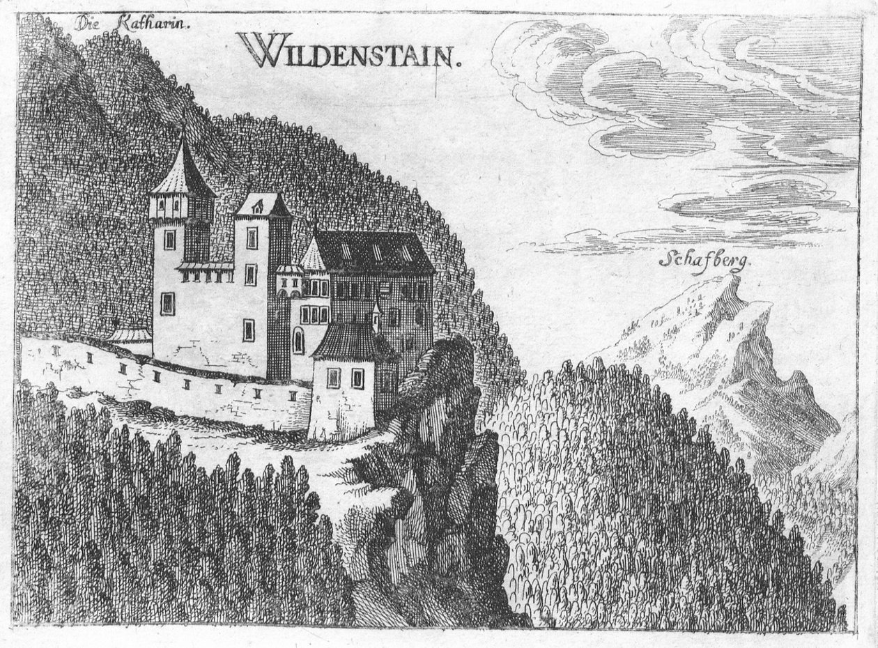 Gravering, utsikt över Wildenstein -slottet, Övre Österrike av Georg Matthaus Vischer