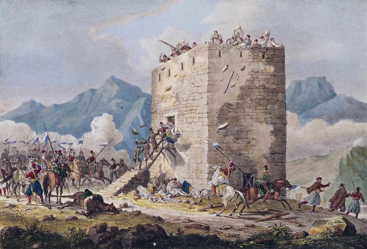 Fyrtio grekiska rebellers motstånd i ett torn i Thebe 1833 av Georg Melchior Kraus