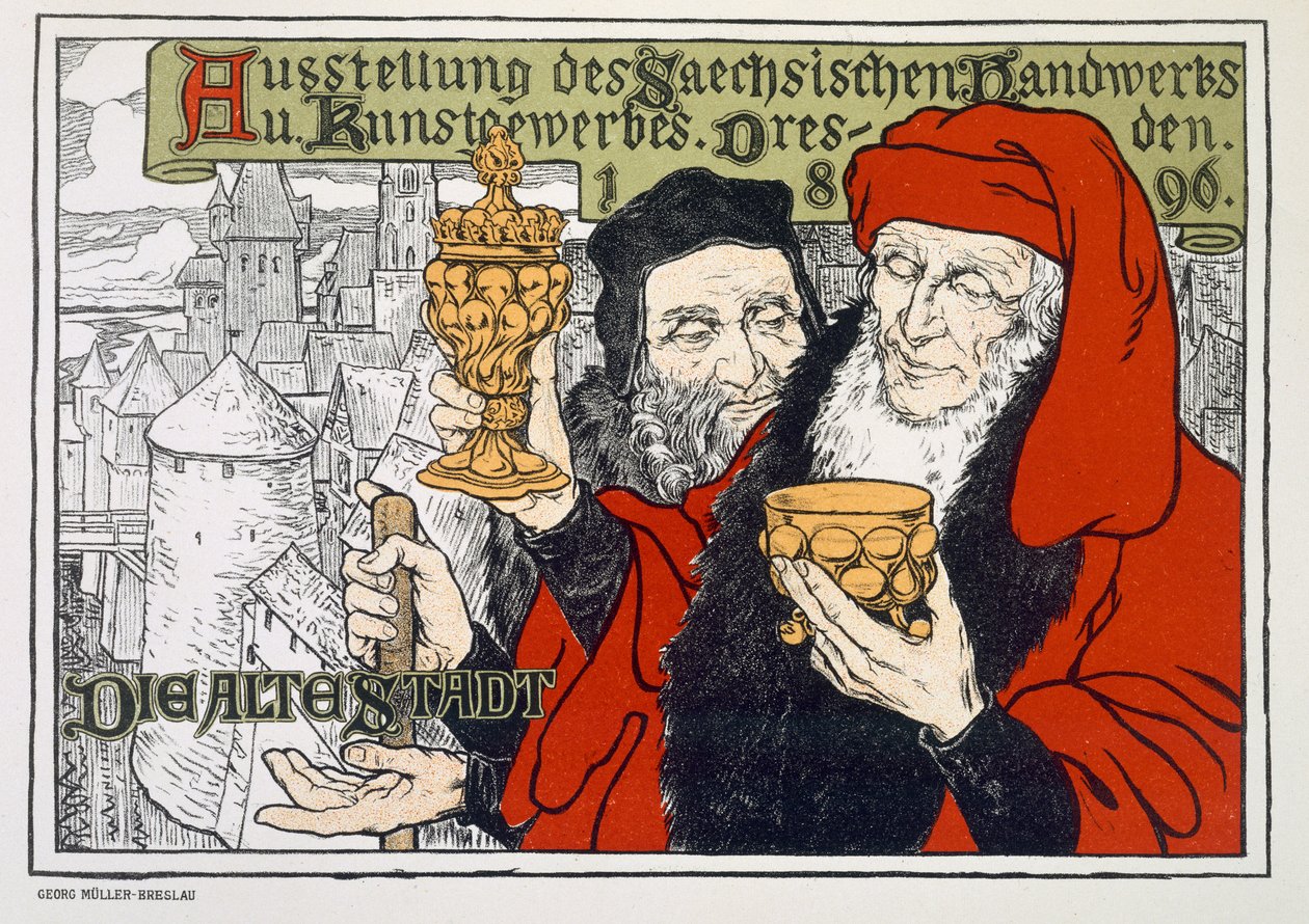 Affisch som annonserar konst- och hantverksutställningen i Dresden, Tyskland som kommer att hållas i Gamla stan, 1896 av Georg Muller Breslau
