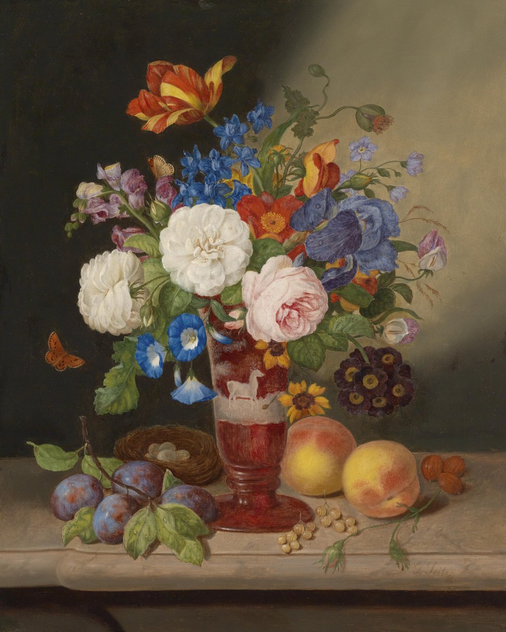 Bukett blommor i en vas omgiven av frukter av Georg Seitz