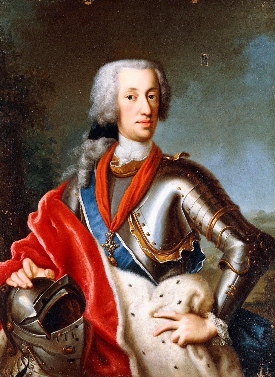 Porträtt av Karl Albrecht Wittelsbach, stående, trekvartslängd, iklädd ceremoniell klänning (olja på duk) av Georg (circle of) Desmarees