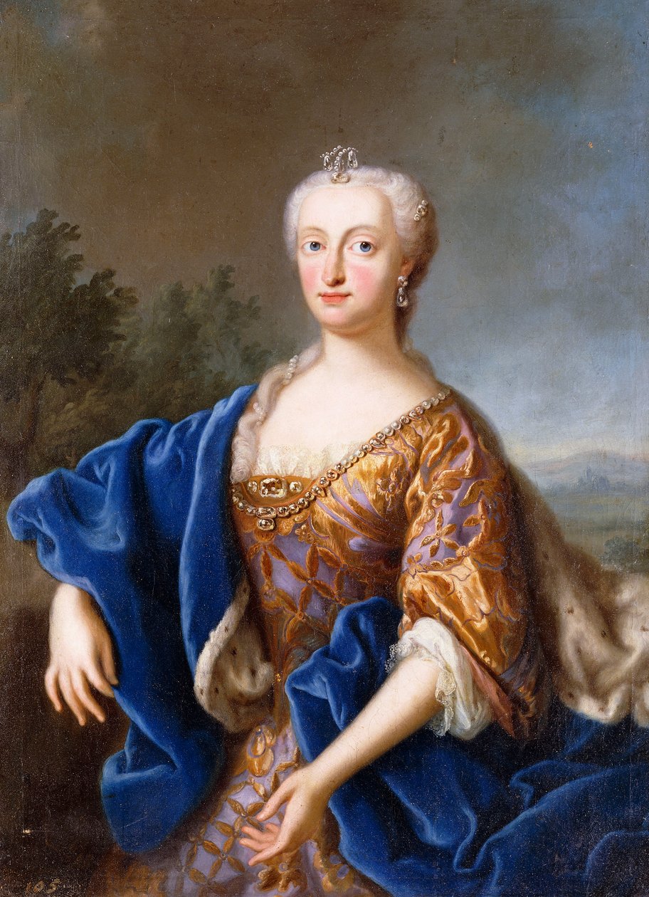 Porträtt av Maria Amalia, stående tre fjärdedels längd, iklädd en broderad klänning (olja på duk) av Georg (circle of) Desmarees