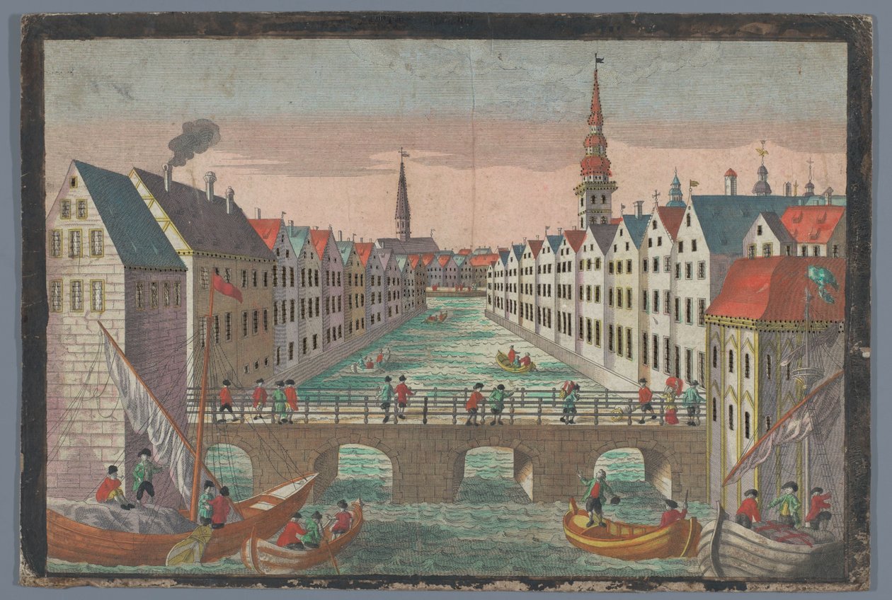 Utsikt över Nikolaifleet mittemot Sankt Nikolaikirche i Hamburg Prospekt mot St Nicolai Kirche zu Hamburg av Georg Balthasar Probst (possibly)