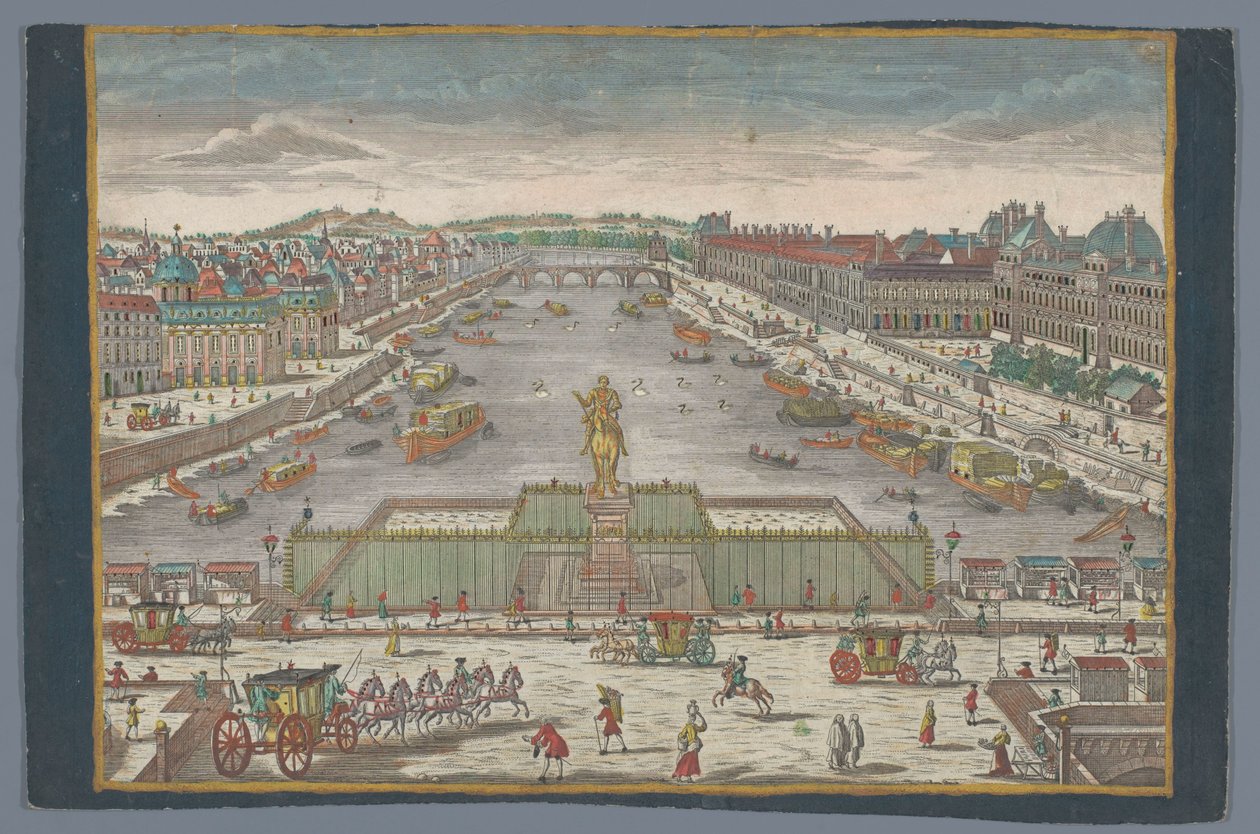 Utsikt över Pont Neuf över floden Seine i Paris, med utsikt mot Pont Royal Gesicht der Neuen Bruck, gegen der Königl. Bruck i Paris av Georg Balthasar Probst (possibly)