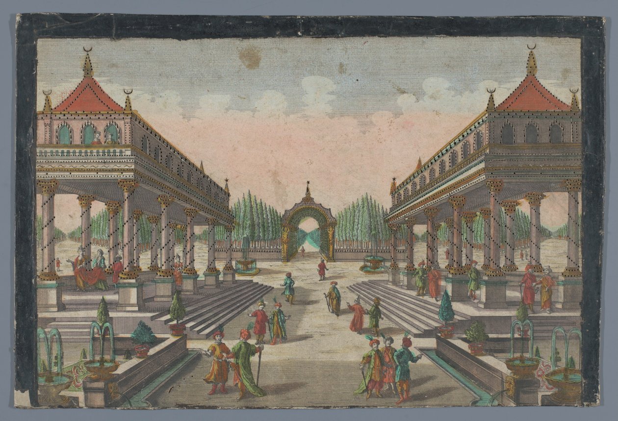Vy över en pelargång mot en cypressträdgård i Konstantinopel Colonnata i Gross-Sultans Lust-Garten av Georg Balthasar Probst (possibly)