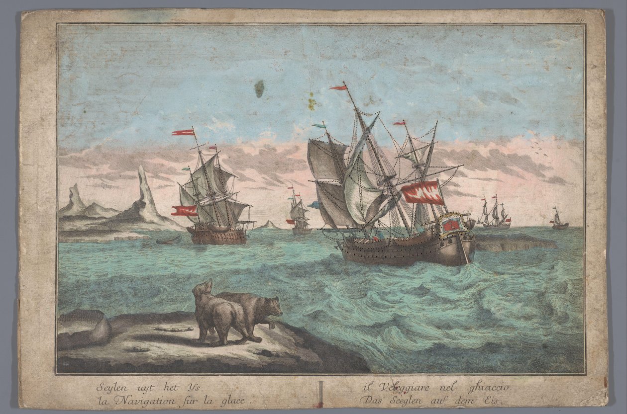 Utsikt över fartygen som seglar på ishavet Das Seeglen auf dem Eis (titel på objekt) av Georg Balthasar Probst (possibly)