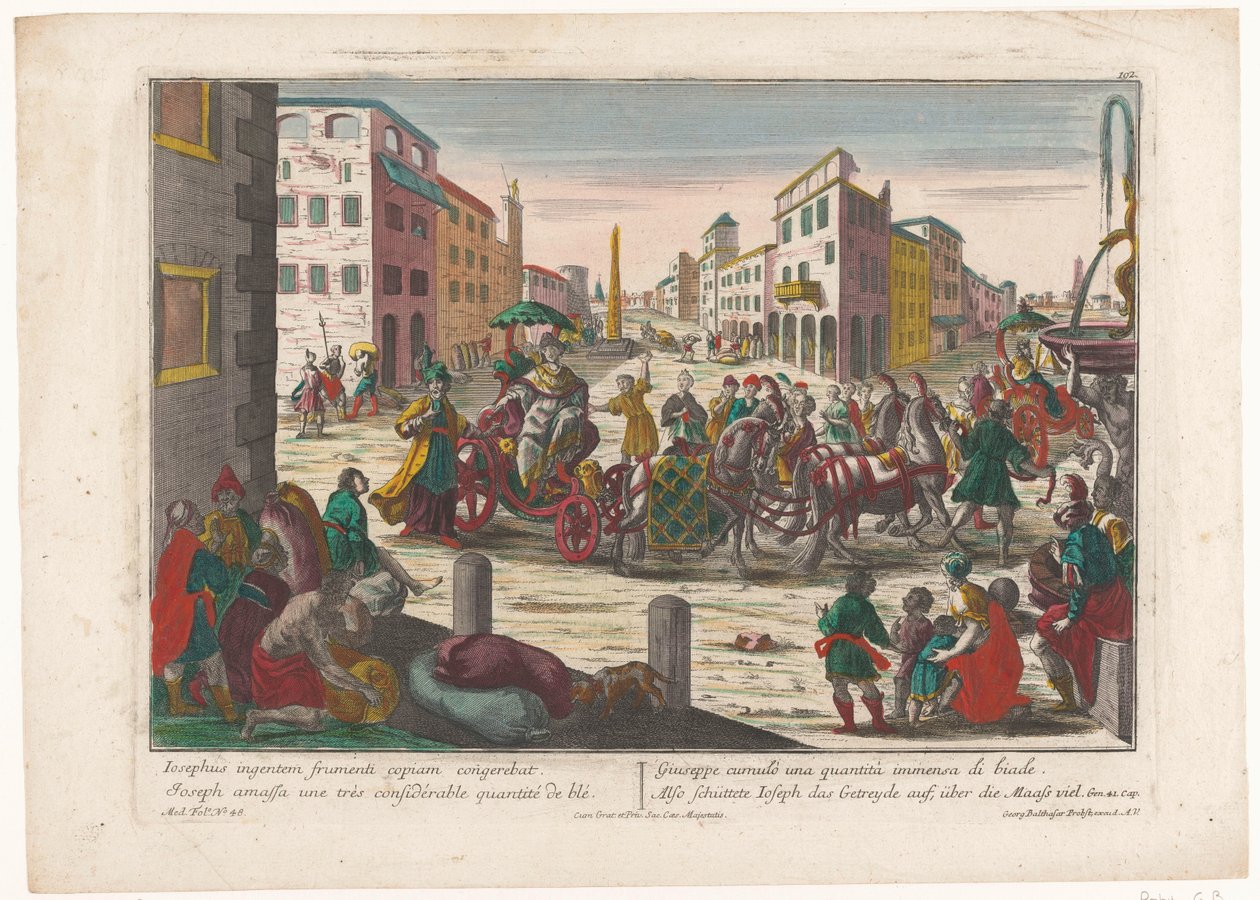 Jakobs söner måste lämna Simeon i Egypten tills de kommer tillbaka med Benjamin Även schüttete Ioseph das Getreyde auf, über die Maass fall (titel på objekt) Story of Joseph (serietitel) av Georg Balthasar Probst
