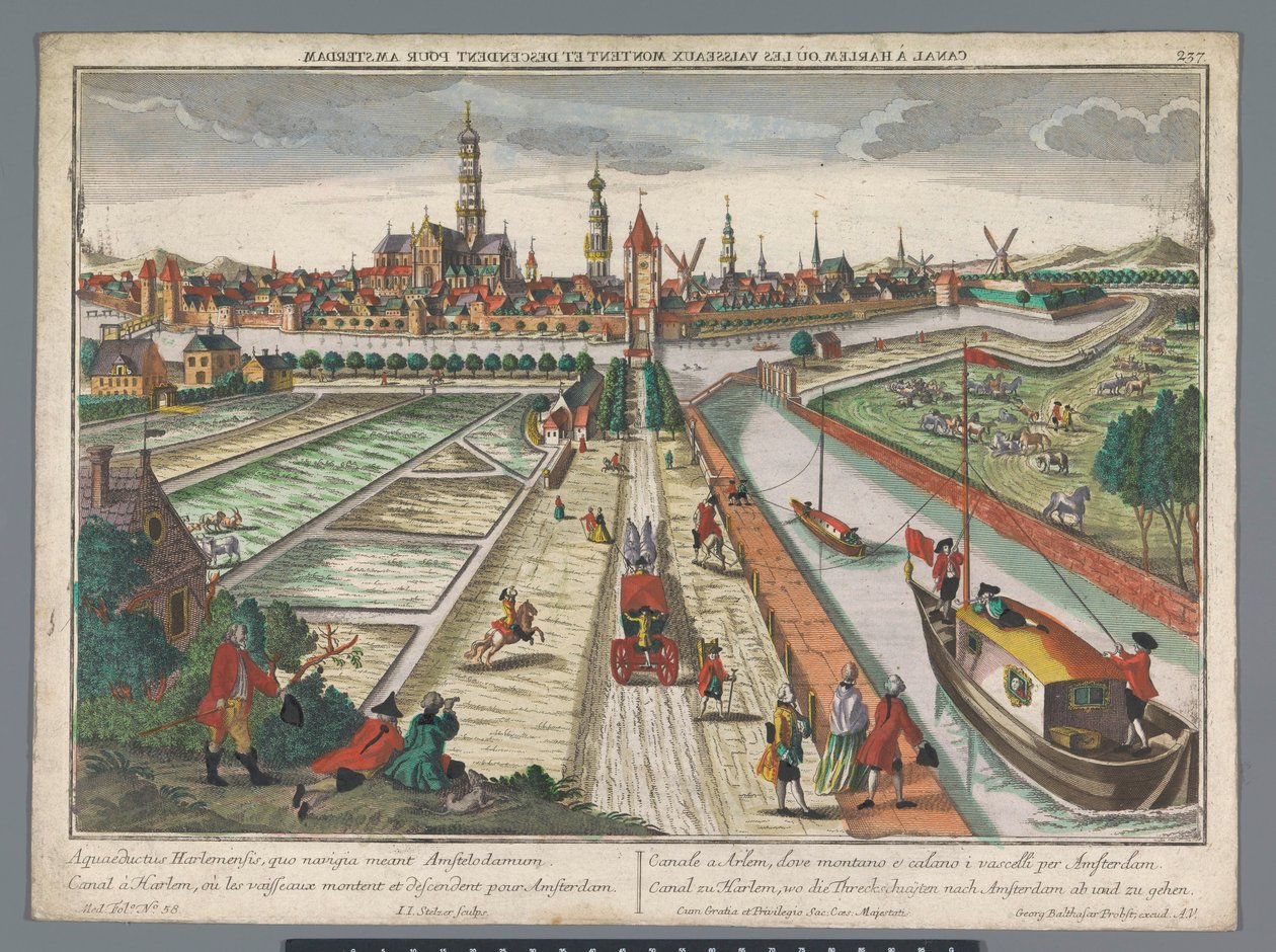Utsikt över Amsterdamkanalen i Haarlem Canal zu Harlem, wed die Threckschuijten efter Amsterdam ab und zu gehen (titel på objekt) Haarlem (serietitel) av Georg Balthasar Probst
