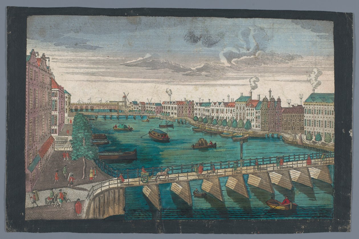 Utsikt över Binnen-Amstel mellan Blauwbrug och Hogesluis i Amsterdam Die Amstel von inom nach der blauen Brücke gegen der Wasser Schleuße zu Amsterdam (titel på objekt) av Georg Balthasar Probst