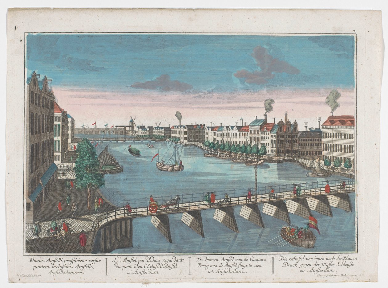 Utsikt över Binnen-Amstel mellan Blauwbrug och Hogesluis i Amsterdam Die Amstel von inom nach der blauen Brücke gegen der Wasser Schleuße zu Amsterdam (titel på objekt) Amsterdam (serietitel) av Georg Balthasar Probst