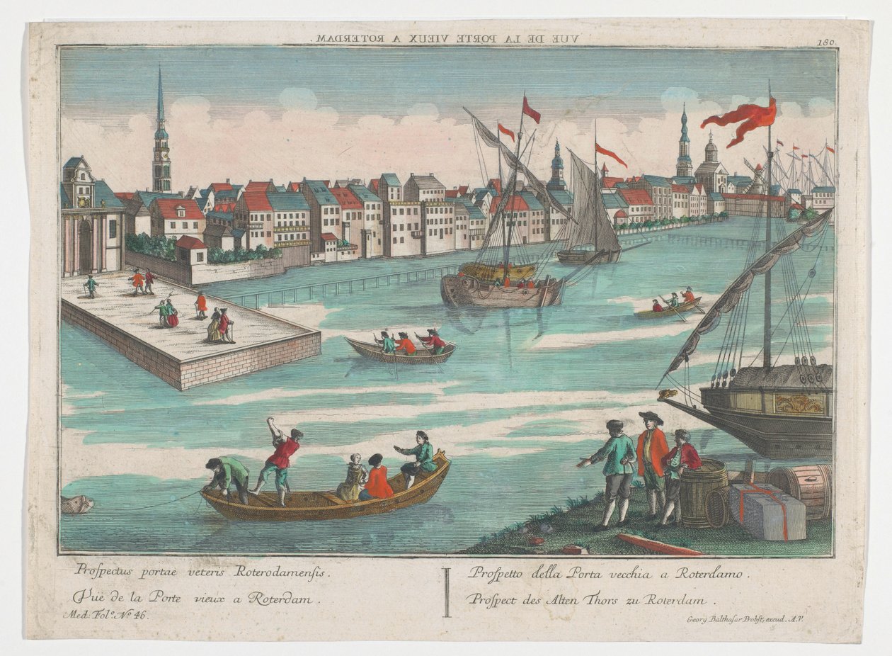 Utsikt över Ooster Oude Hoofdpoort i Rotterdam Prospect des Alten Thors zu Rotterdam (titel på objekt) Rotterdam (serietitel) av Georg Balthasar Probst