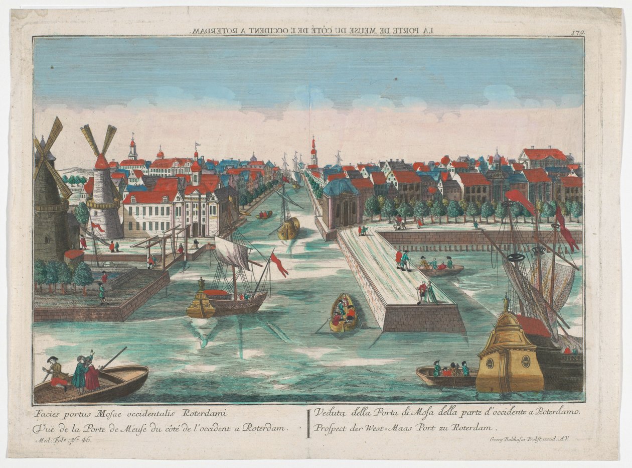 Utsikt över Wester Nieuwe Hoofdpoort och Ooster Nieuwe Hoofdpoort i Rotterdam Prospect der West-Maas Port zu Rotterdam (titel på objekt) Rotterdam (serietitel) av Georg Balthasar Probst