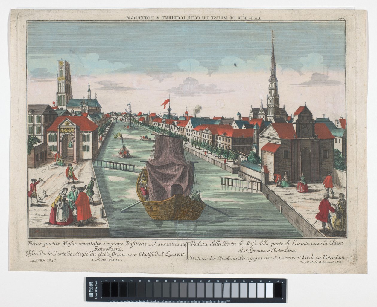 Utsikt över Wester Oude Hoofdpoort och Ooster Oude Hoofdpoort i Rotterdam Prospect der Ost Maas Port, gegen der S.Lorenzen Kirch zu Roterdam (titel på objekt) Rotterdam (serietitel) av Georg Balthasar Probst