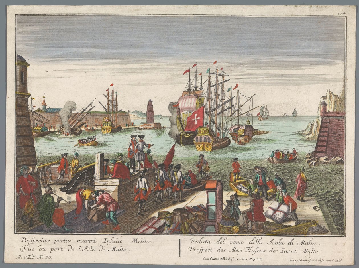 Utsikt över hamnen i Malta Prospect des Meer Hafens der Insul Malta (titel på objekt) Harbour Views (serietitel) av Georg Balthasar Probst
