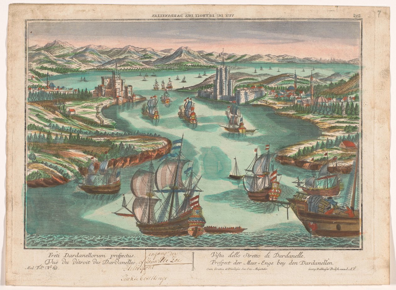Utsikt över Dardanellsundet Prospect der Meer-Enge bey den Dardanellen (titel på objekt) Dardaneller (serietitel) av Georg Balthasar Probst