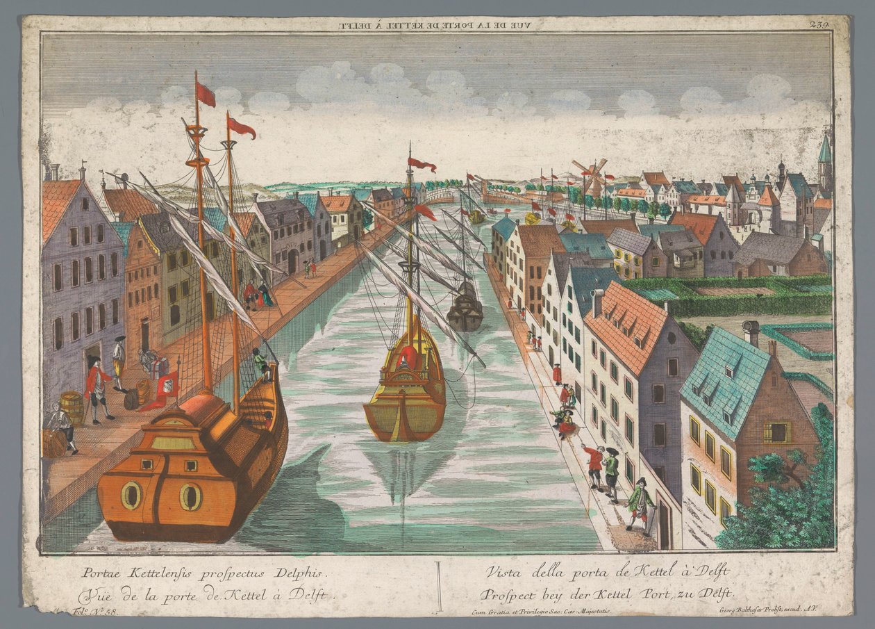 Utsikt över en kanal i närheten av Ketelpoort i Delft Prospect bey der Kettel Port, zu Delft (titel på objekt) Delft (serietitel) av Georg Balthasar Probst