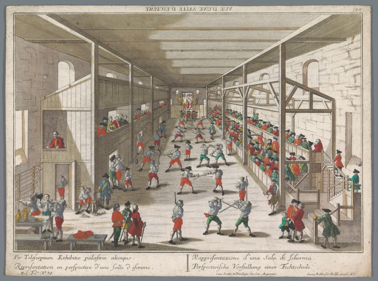 Utsikt över en fäktskola Perspectivische Vorstellung einer Fechtschule (titel på objekt) Turnerings- och fäktskolor (serietitel) av Georg Balthasar Probst